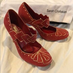 SARAH CHOFAKIAN Red Gold Mary Jane Suede Pumps EU 39